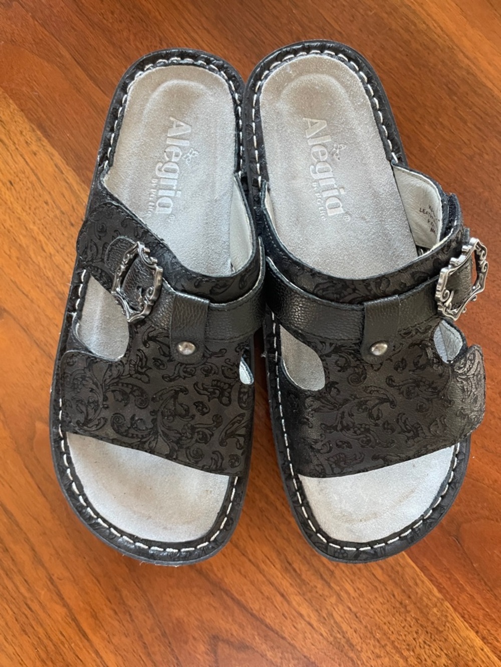 Alegria Black Paisley Buckle Slide Sandals with Decorative Silver Buckles